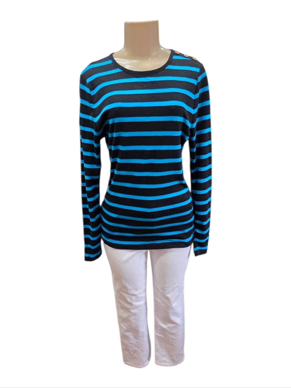 Lauren Ralph Lauren Long Sleeve Womens Blouse Stripes Black Aqua Blue L